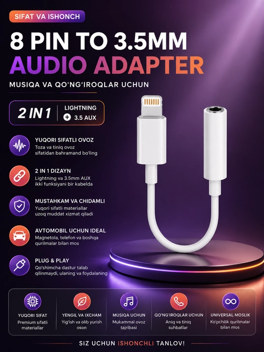 Iphone 8 pin dan 3. 5 mm audio adapteri – tiniq ovoz va barqaror ulanish kabeli - 