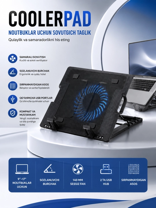 Coolerpad noutbuk sovutish stendi – 9–17" laptoplar uchun usb ventilyatorli stend - 