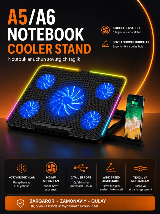 A5/A6 CoolerPad Noutbuk Sovutish Stendi – 5 Ventilyatorli, RGB, USB, 9–17 Dyuym - 