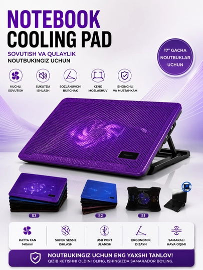 S1/S2/S3 Notebook Cooling Pad – 9–17" Noutbuklar Uchun USB Sovutish Stendi - 