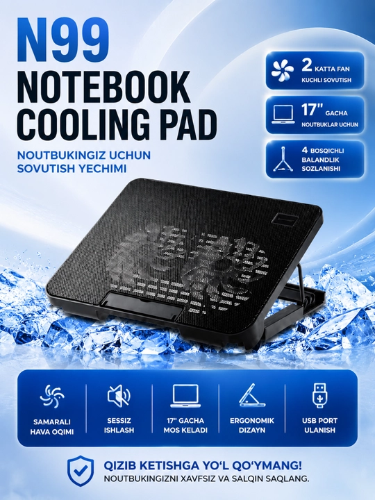 17 Dyuymgacha Noutbuklar Uchun USB Sovutgich Stend – 2 Ventilyatorli Cooling Pad - 