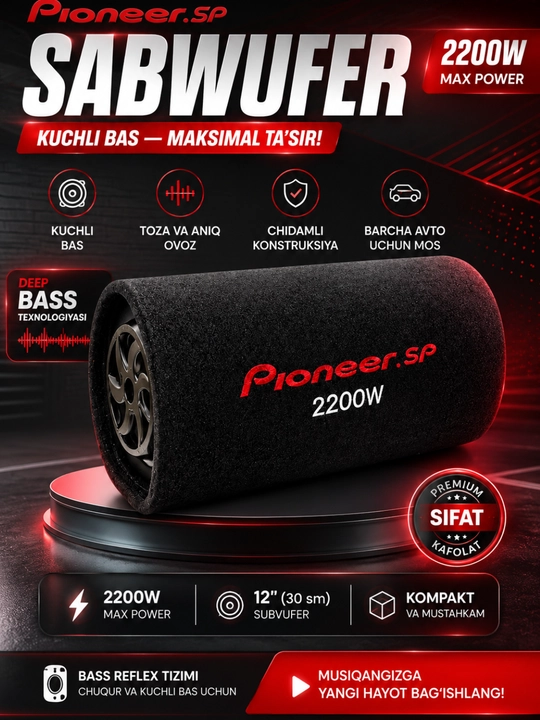 Sabvufer 3200W, Avtomobil uchun kuchli bass, 300W RMS, 4 Ohm - 