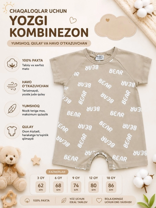Chaqaloqlar uchun yozgi romper, bodi, 3-18 oy, tabiiy paxtadan