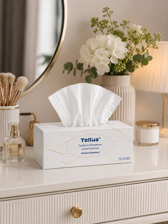 Qog‘ozli kosmetik salfetkalar Tellus Premium 12 03 80, 100 ta varaq, 2 qatlam, sellyuloza