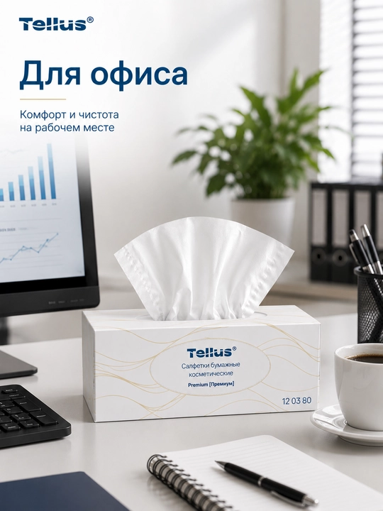 Qog‘ozli kosmetik salfetkalar Tellus Premium 12 03 80, 100 ta varaq, 2 qatlam, sellyuloza
