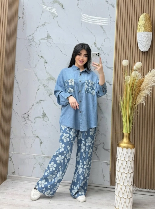 Ayollar uchun jinsi shimlar to‘plami, katta o‘lchamli ko‘ylak va keng shim, standart o‘lcham - 