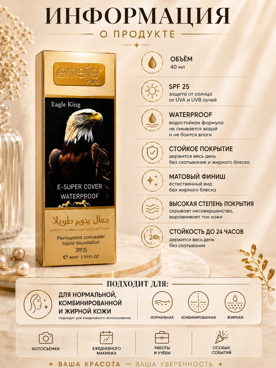 Emelie Konsiler effektli tonal krem, SPF25, suvga chidamli, uzoq muddatli ta’sirga ega, 40 ml