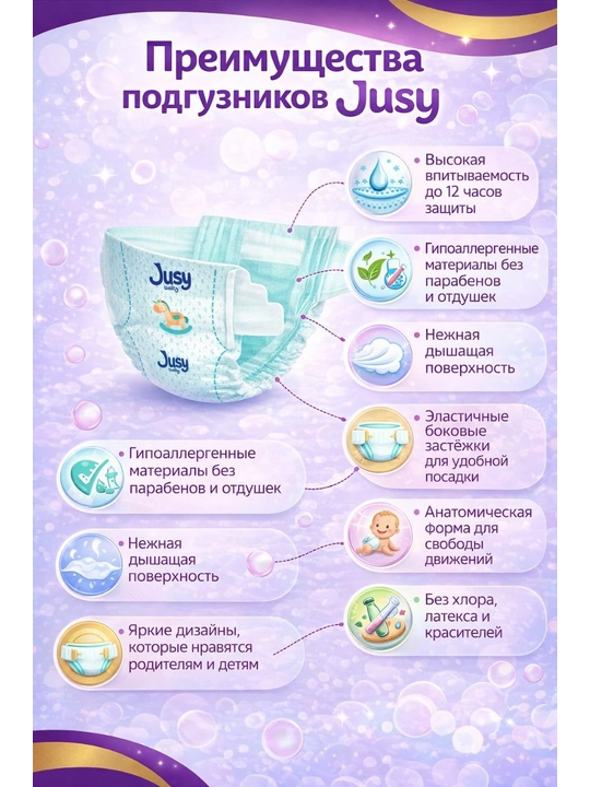 Jusy Baby bolalar tagliklari, 4-o‘lcham (7–18 kg), 60 dona, 12 soatgacha himoya