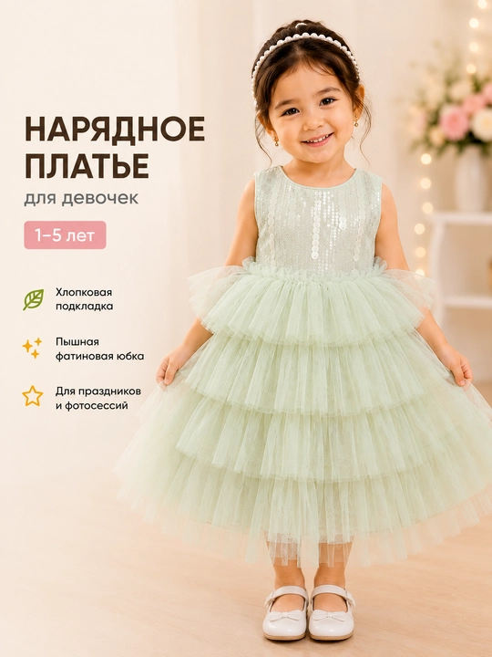 Qizlar uchun bayramona ko‘p qavatli fatin ko‘ylak, paxta astarli, 1–5 yosh