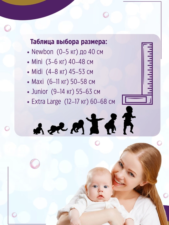 Jusy Baby bolalar tagliklari, 4-o‘lcham (7–18 kg), 60 dona, 12 soatgacha himoya