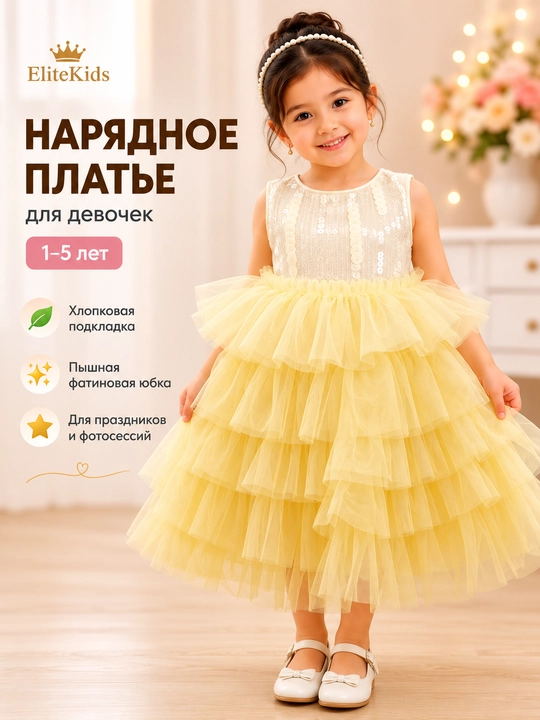Qizlar uchun bayramona ko‘p qavatli fatin ko‘ylak, paxta astarli, 1–5 yosh