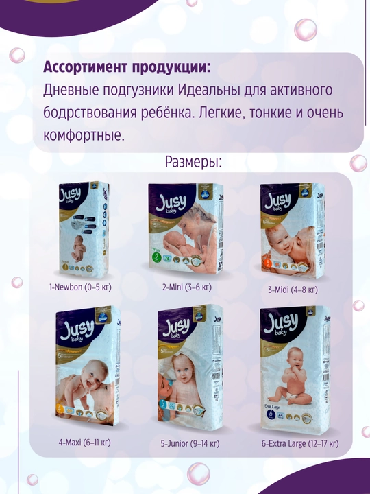 Jusy Baby bolalar tagliklari, 4-o‘lcham (7–18 kg), 60 dona, 12 soatgacha himoya
