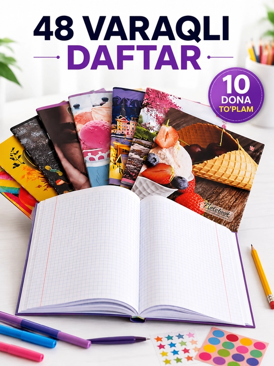 Katak daftar 24/36/48/96 varaq, muqovali daftar, maktab daftari, 10/14/20 dona to'plam