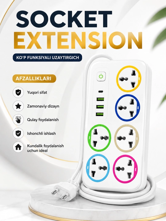USB, Type-C, himoya va Premium rozetkalarga ega universal tarmoq uzaytirgichi - 