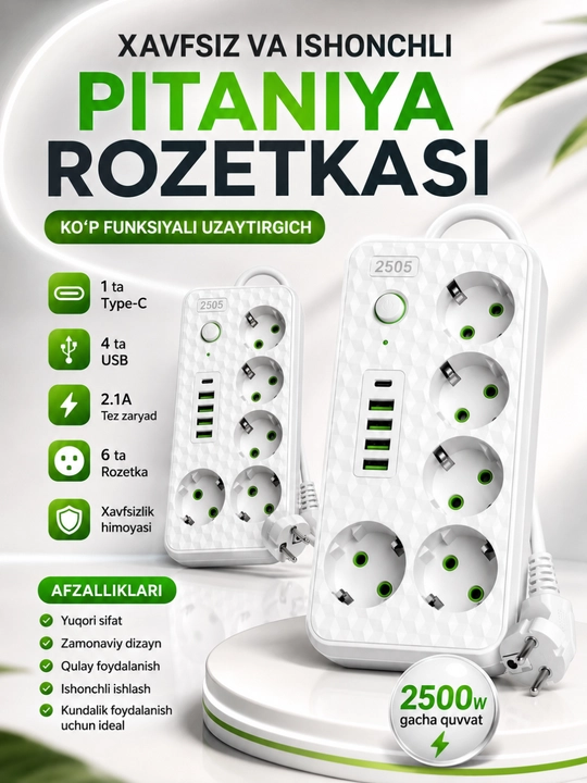 USB, Type-C, himoya va Premium rozetkalarga ega universal tarmoq uzaytirgichi - 