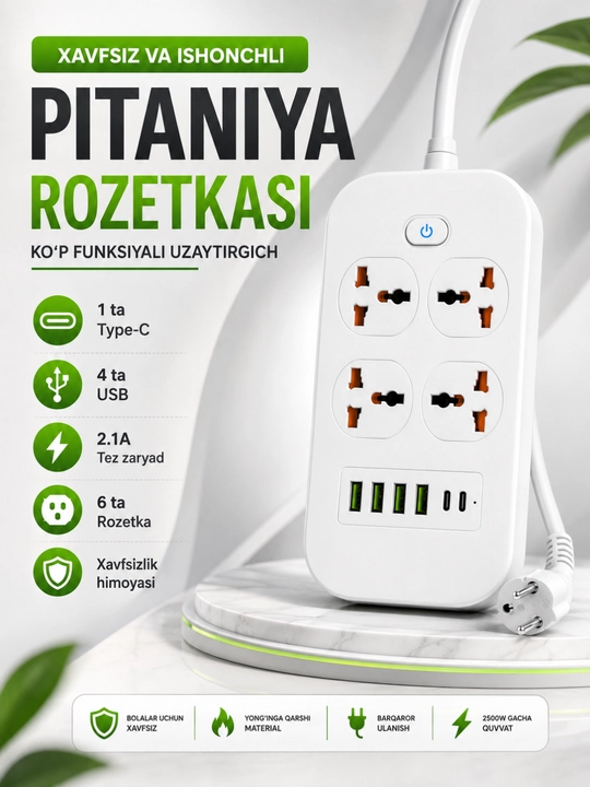 USB, Type-C, himoya va Premium rozetkalarga ega universal tarmoq uzaytirgichi - 