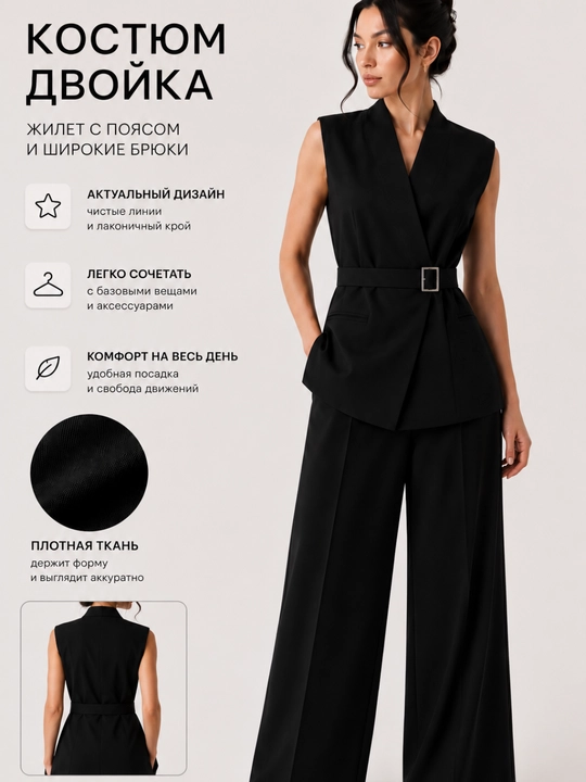 Ayollar uchun klassik kostyum-dvoyka, jilet va keng shimli elegant to'plam