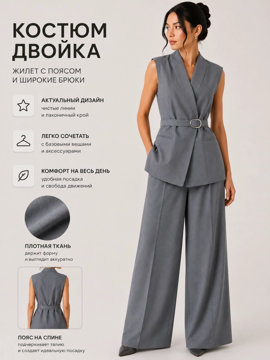 Ayollar uchun klassik kostyum-dvoyka, jilet va keng shimli elegant to'plam