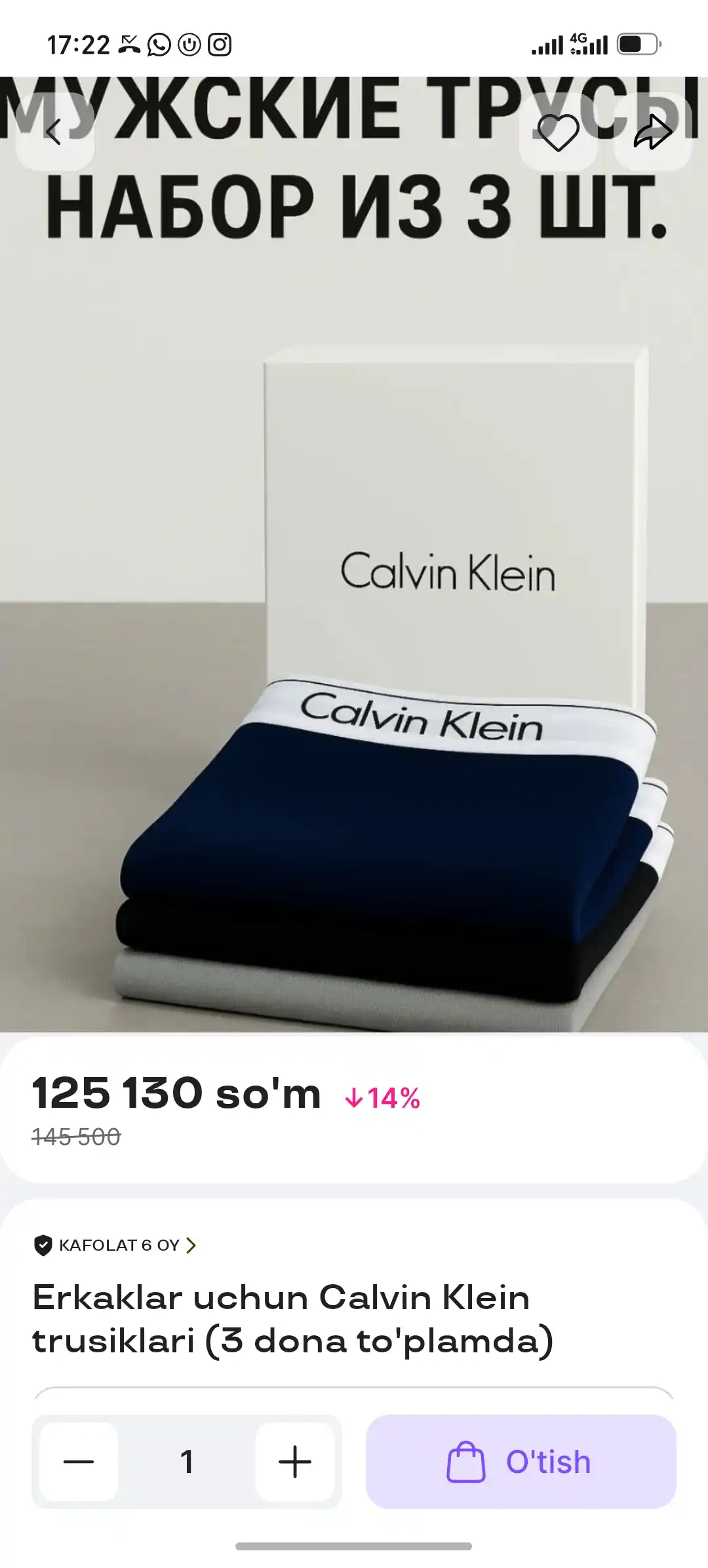 Erkaklar uchun Calvin Klein trusiklari (3 dona to'plamda)