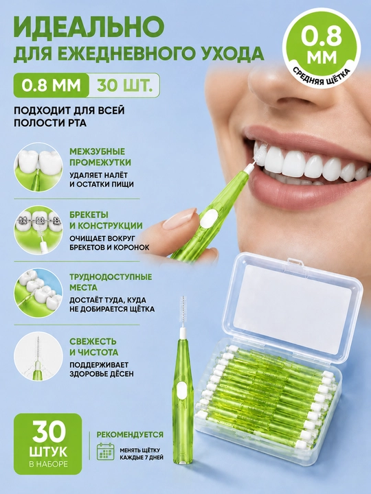 Межзубные щётки 0.6 мм 0.8 мм 30 штук, набор щёток для очистки между зубами
