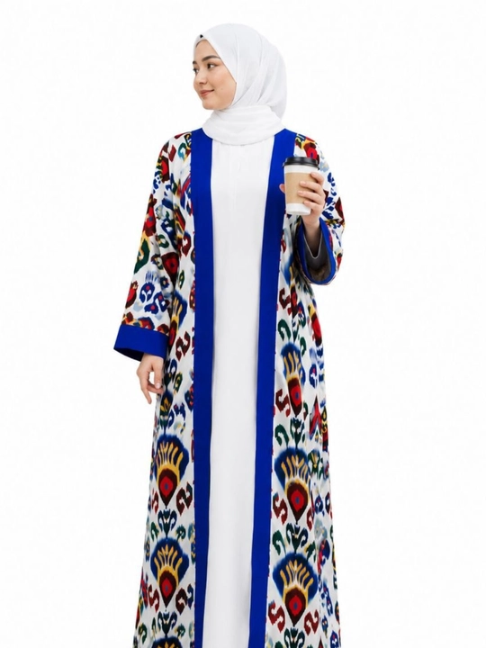 Ayollar kardigani kimono, milliy naqshli uzun kardigan, oq abaya ustiga premium
