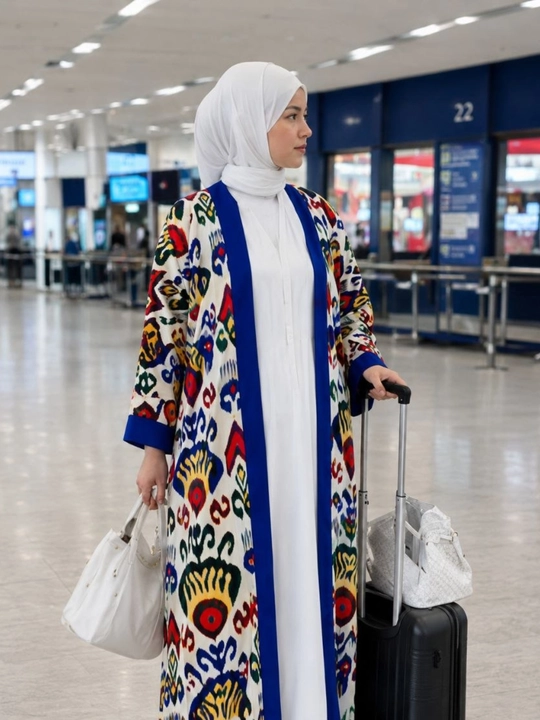 Ayollar kardigani kimono, milliy naqshli uzun kardigan, oq abaya ustiga premium