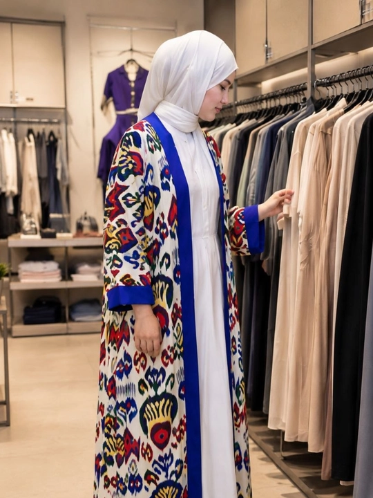 Ayollar kardigani kimono, milliy naqshli uzun kardigan, oq abaya ustiga premium