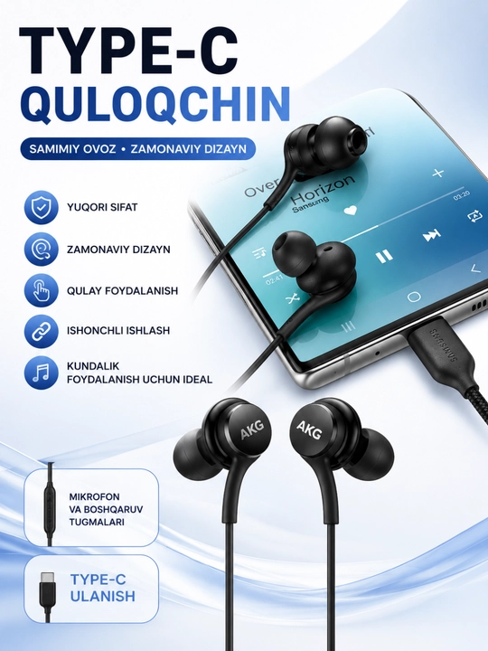 Samsung AKG Type-C simli quloqchinlari Hi-Fi stereo ovozi va shovqinni kamaytirish bilan - 