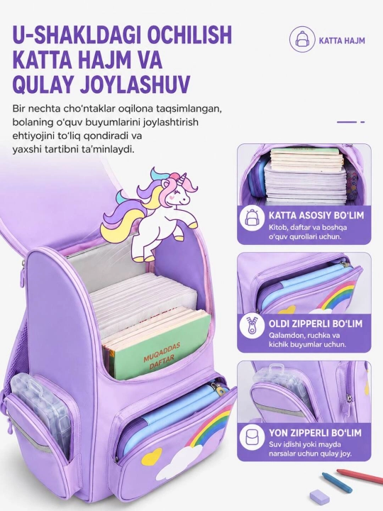 1-7 sinflar uchun o‘g‘il va qiz bolalar uchun premium maktab ryukzagi