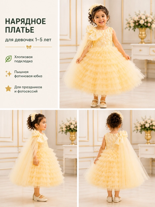 Праздничное платье для девочки 1–5 лет, многослойное фитиновое с хлопковой подкладкой
