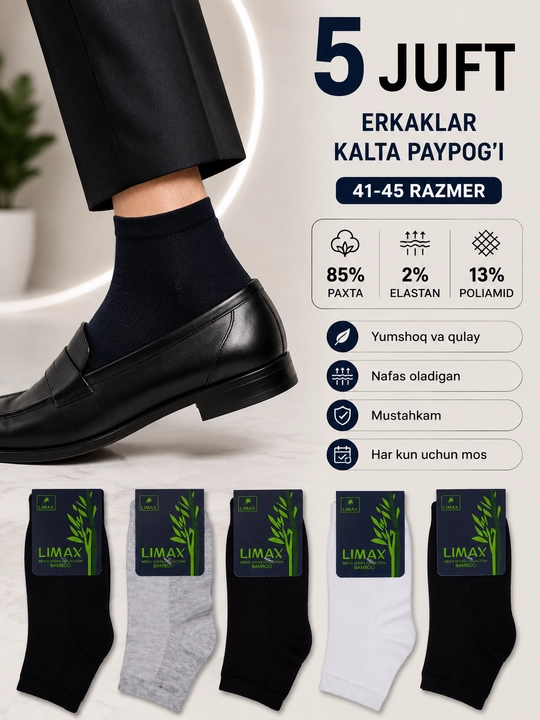 Erkaklar kalta paypog'i, ustki setkali paypoq, 5 va 10 juft, 41-45 o‘lcham, 85% paxta