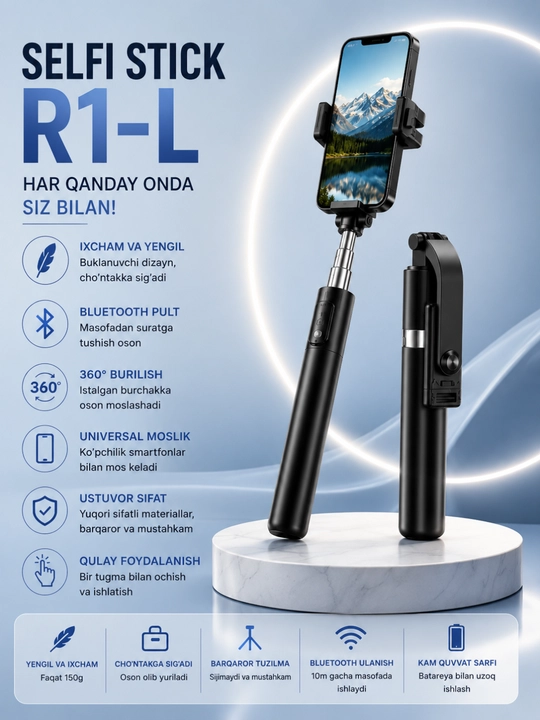 Tripodli 4x1 selfi tayoqchasi, Bluetooth pulti, teleskopik, universal - 