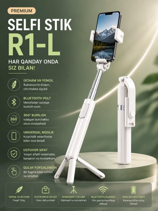 Tripodli 4x1 selfi tayoqchasi, Bluetooth pulti, teleskopik, universal - 