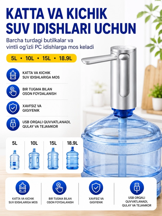 Электрическая помпа для воды 5/10/18,9 л, USB Type-C, с адаптером
