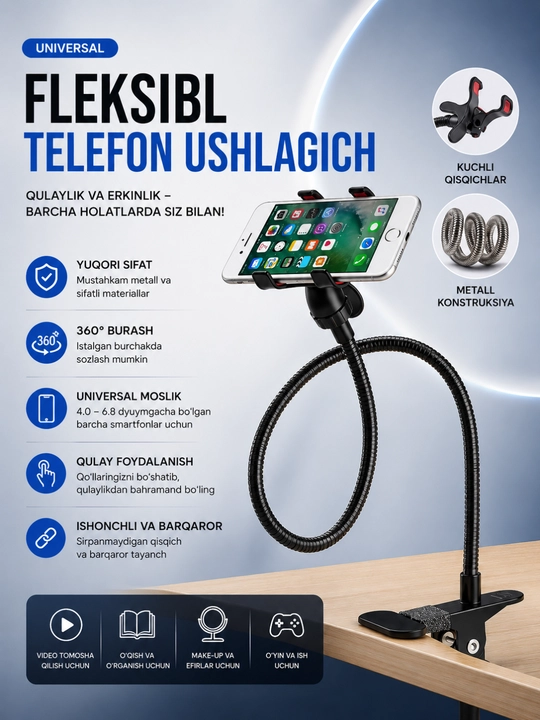 360° fleksibel telefon ushlagich qisqichli smartfon stendi universal stol uchun - 