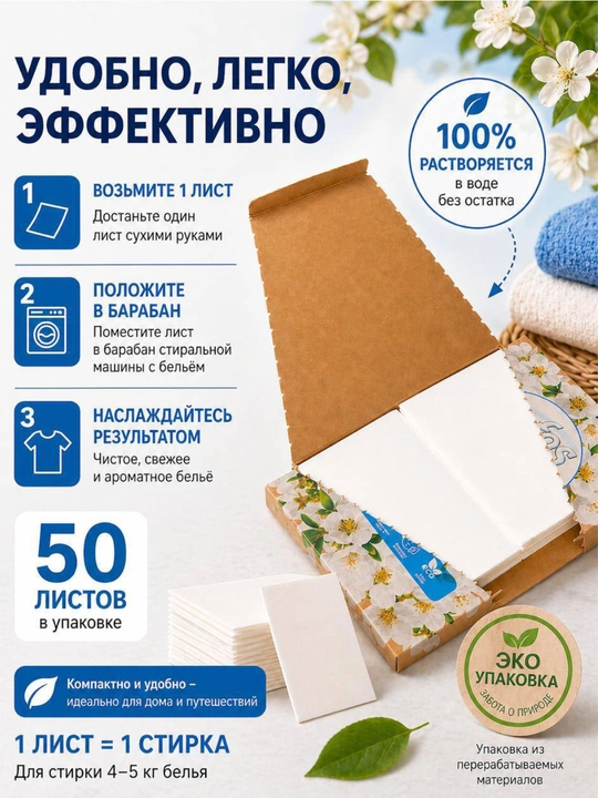 Листы для стирки белья Safos, 50 шт, для белых и цветных тканей