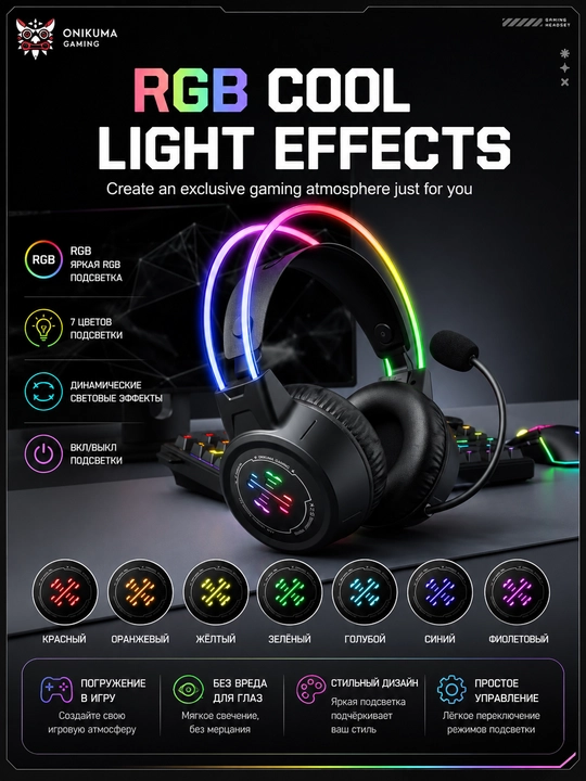 ONIKUMA GT889 RGB simsiz o'yin garniturasi, Bluetooth 5.4 / 2.4 GHz / 3.5 mm, 50 mm