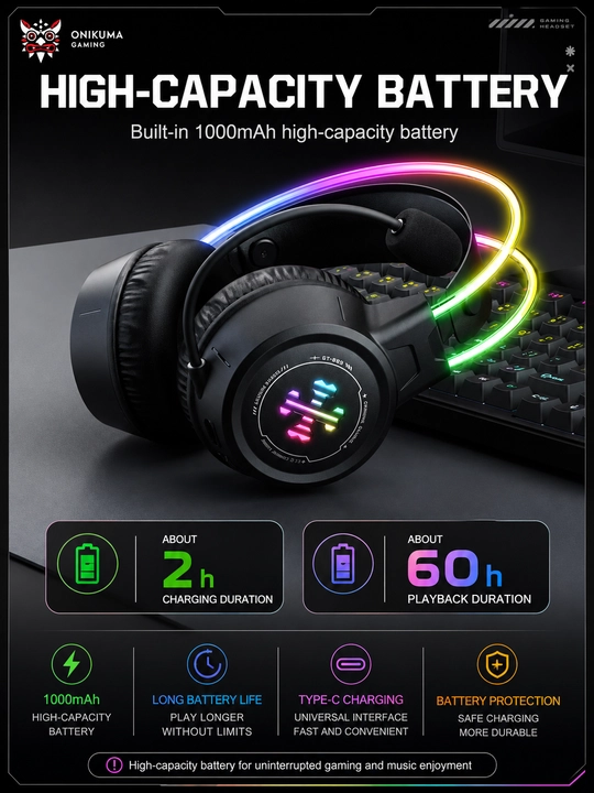 ONIKUMA GT889 RGB simsiz o'yin garniturasi, Bluetooth 5.4 / 2.4 GHz / 3.5 mm, 50 mm