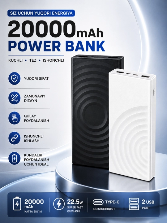 Power Bank 10000/20000/30000mAh 22.5W Tezkor Zaryadlash LED Display USB Portlar - 