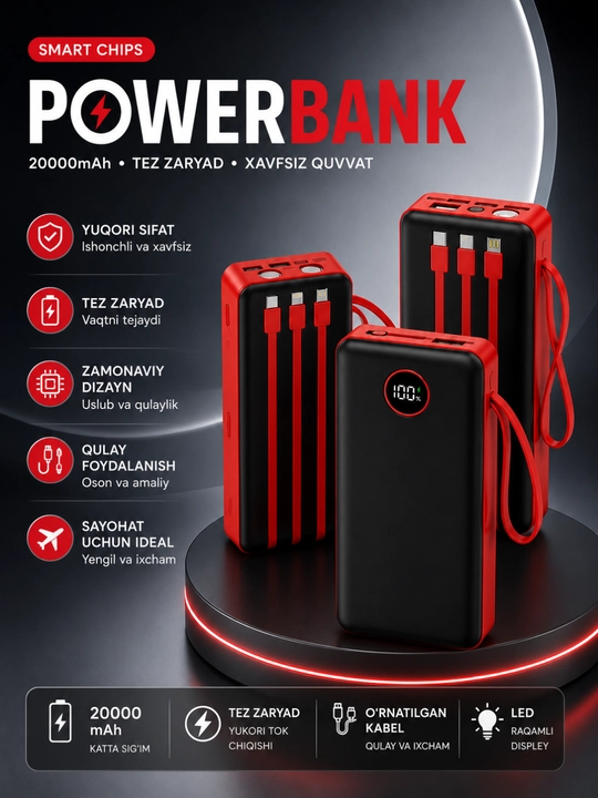 Power Bank 10000/20000/30000mAh 22.5W Tezkor Zaryadlash LED Display USB Portlar - 