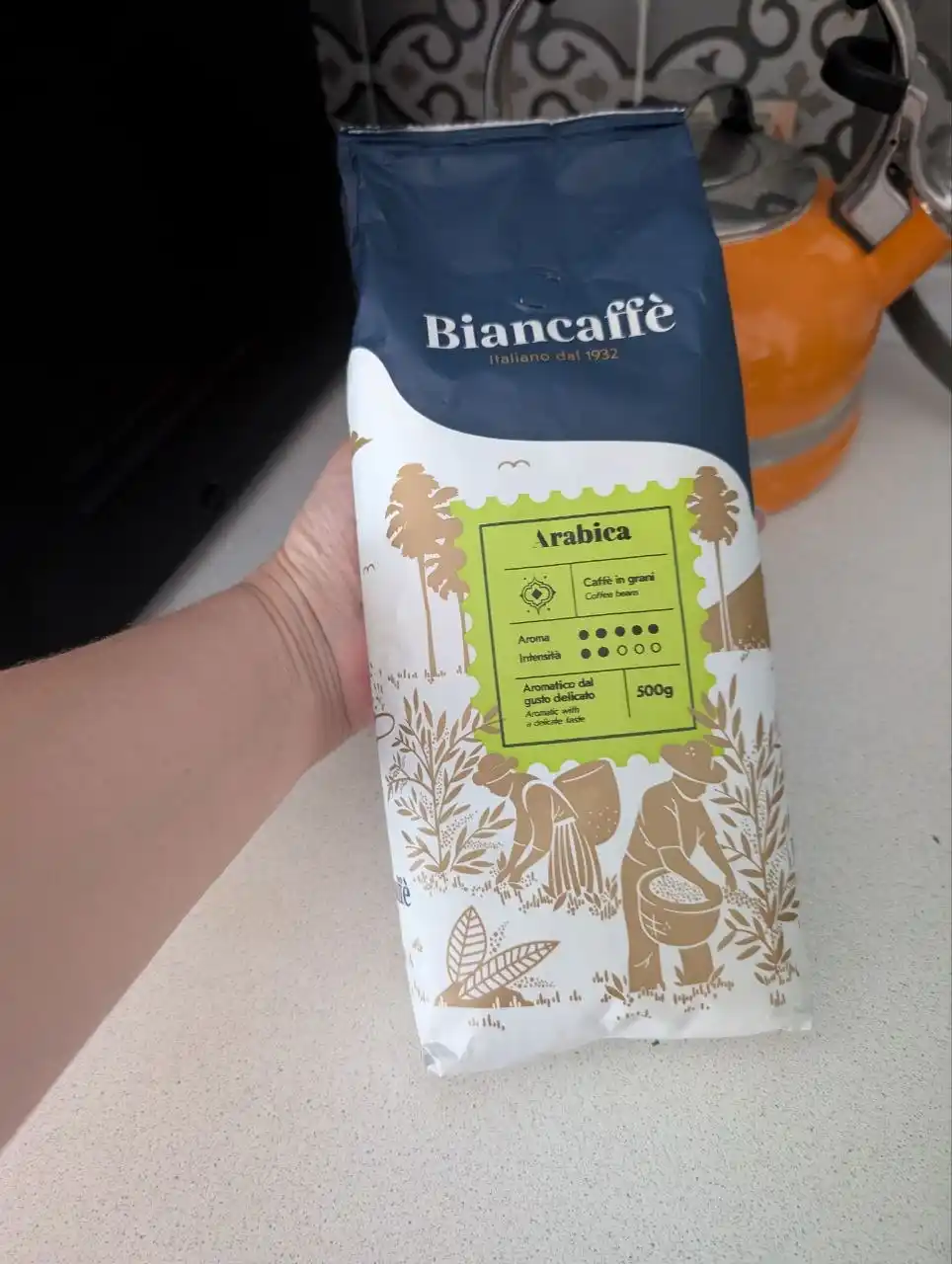 Kofe donlari Biancaffe Espresso Bar Arabica, 500 g, 100% arabika, kam coffein mikdori