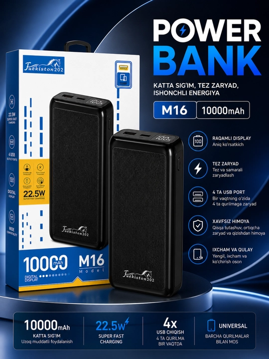 Power Bank 10000/20000/30000mAh 22.5W Tezkor Zaryadlash LED Display USB Portlar - 