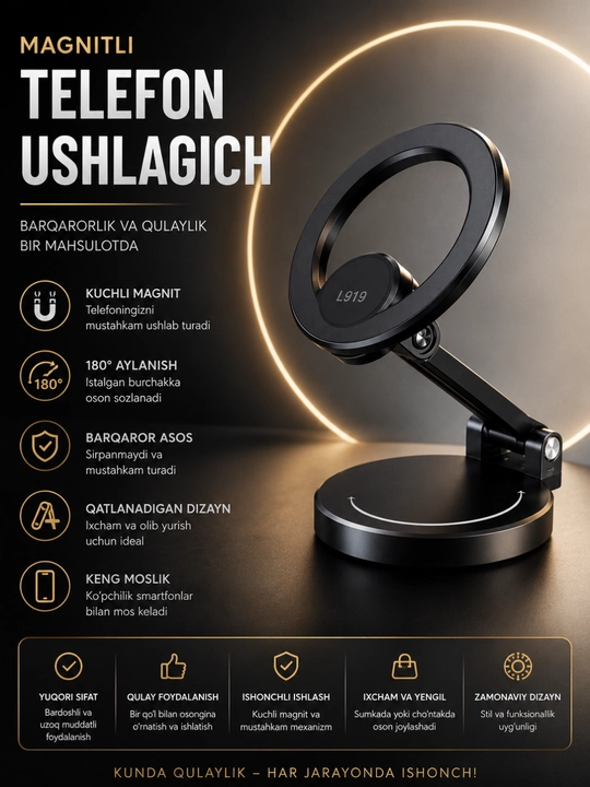 Telefon uchun magnit taglik 360° aylanadigan, sozlanadigan buklanadigan kuchli magnit - 