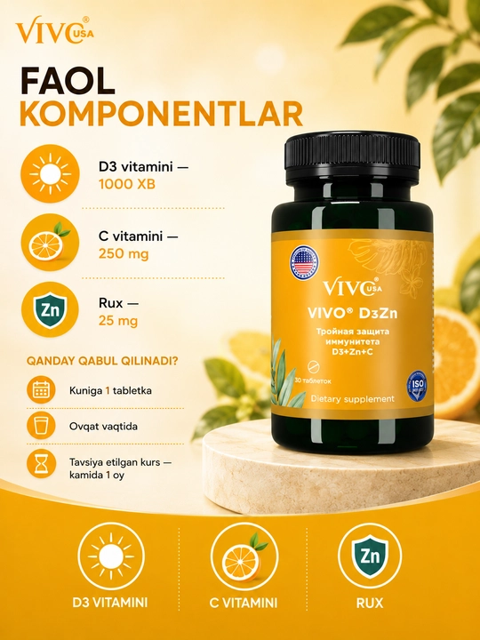 VIVO D3Zn Vitamin-mineral kompleks Vitamin D, rux va vitamin C