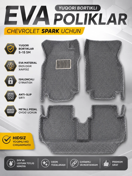 Spark uchun 7D avtomobil pol gilamchalari (EVA,Carbon,Gibrid)–chetlari 5–15 sm balandlikda