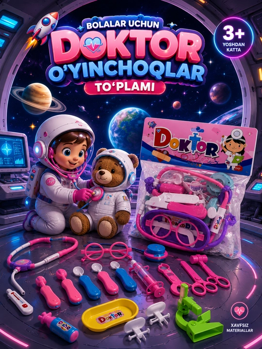 Bolalar uchun doktor o‘yinchoqlar to‘plami, stetoskop va tibbiy aksessuarlar, rolli o‘yin