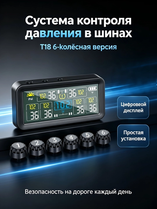 Солнечная система tpms для прицепа,6 датчиков до 9.9bar/144 psi,большой 4" экран,2500 мач - 