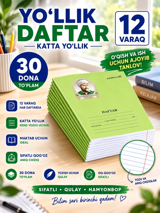 Yozish uchun qulay bo‘lgan katakli va chiziqli maktab daftarlari - 