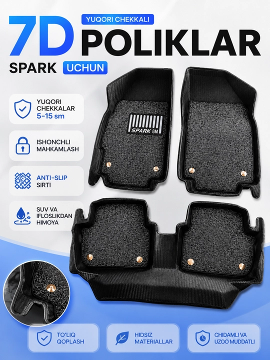 Spark uchun 7D avtomobil pol gilamchalari (EVA,Carbon,Gibrid)–chetlari 5–15 sm balandlikda - 