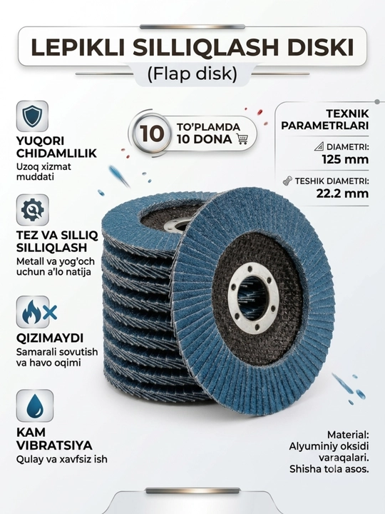 Metall va yog‘och uchun donadorlik gulbargli silliqlash diski, to‘plam 10/5 dona - 